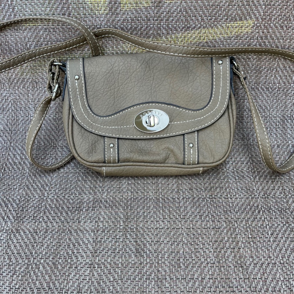 Rosetti Taupe Faux Leather Crossbody Bag Contrast Stitch Turn Lock Small Purse